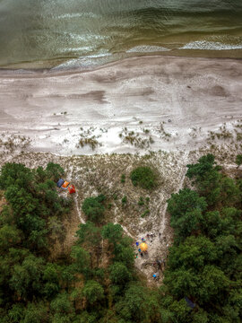 Aerial view of camping at seaside in Pape, Latvia.