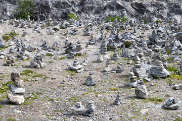 Stone cairns at former marble quarry in Ruskeala