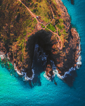 Aerial view of Hell's Gate, a lookout point with view over the Coral Sea, Queensland, Australia..