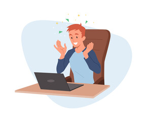 Celebrating Success concept. Smiling man sitting at desk and looking at laptop. Entrepreneur reaches goal and rejoices in victory. Employee or leader with confetti. Cartoon flat vector illustration