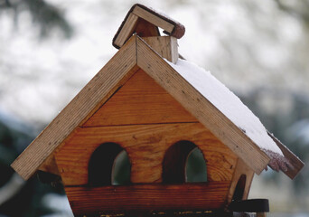 Drewniany karmnik dla ptaków domowej roboty - obrazy, fototapety, plakaty