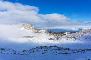 The scenic winter view of Saklıkent, which  is a winter resort, 45 kilometres from Antalya and has one two-seater chairlift, and one T-bar ski lift in Turkey