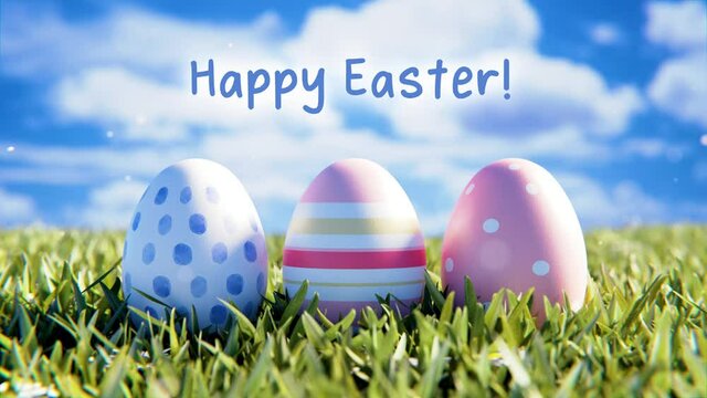 Happy Easter Oster Video mit Ostereier auf gr&uuml;ner Wiese im Fr&uuml;hling