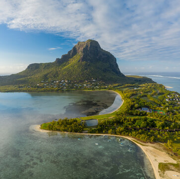 Aerial view of island's Toe, a small peninsula near Ilot du Morne reef in Le Morne, Mauritius.
