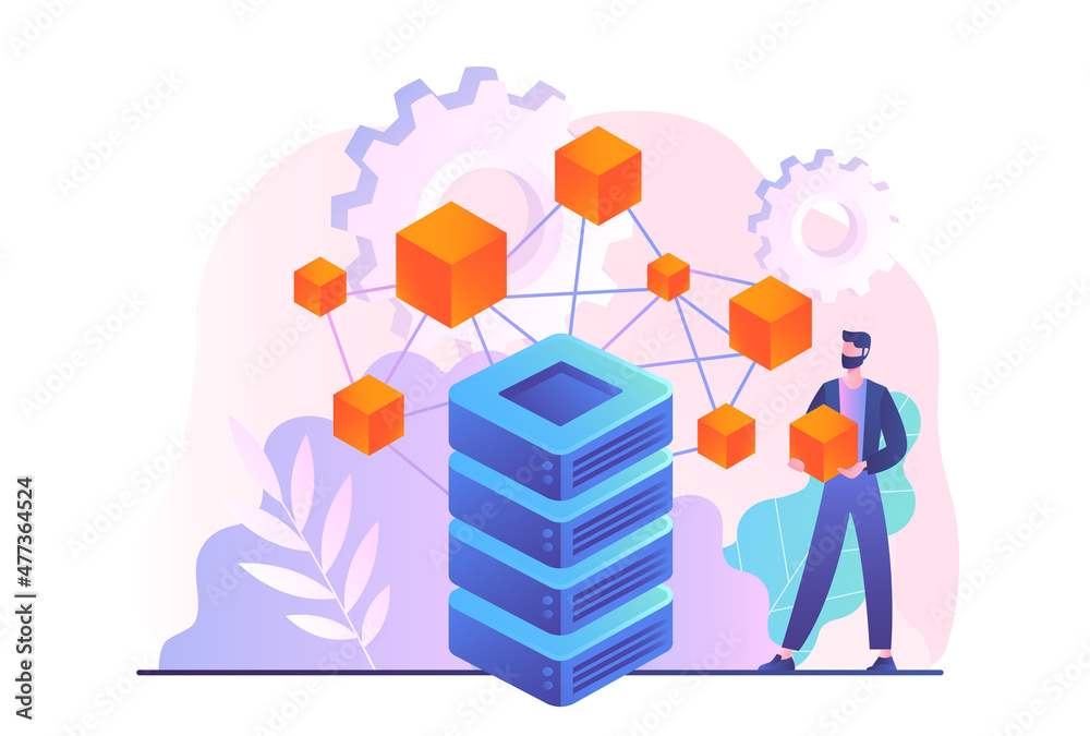 Poster application service abstract concept. decentralized apps. young man stands next to large database an