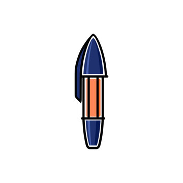 Ballpoint Blue Writing Pen, Color Isolated Illustration With Black Outline On White Background. Vector Graphics