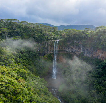 Aerial view of Chamarel waterfall, Mauritius island.