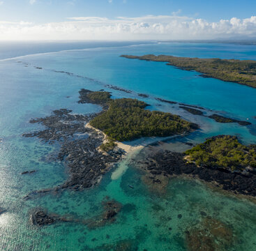 Aerial view of l'Ilot Bernache, a small island along the coast near the reef, Mauritius.