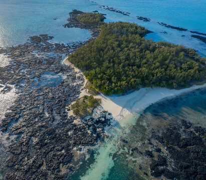Aerial view of l'Ilot Bernache, a small island along the coast near the reef, Mauritius.
