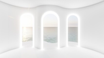 Interior background light arched openings in an empty room with a sea view 3d rendering