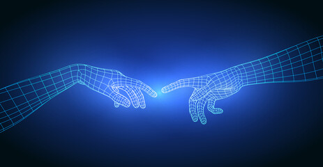 Polygonal Mesh or Wireframe Hands Touching With Fingers. AI or Artificial Intelligence Concept © D Graphics