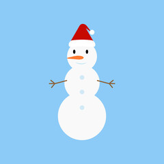 Snowman with santa’s hat isolated on blue background. Flat vector illustration. Winter element