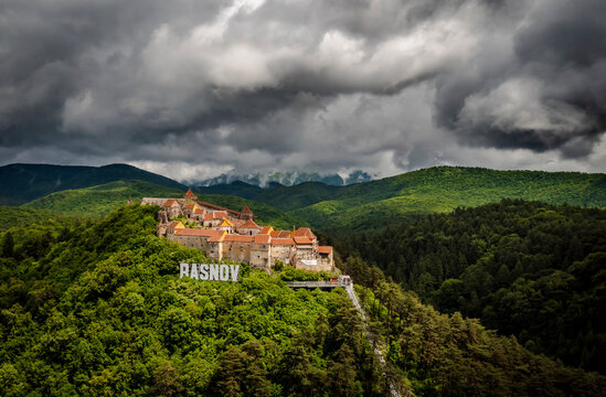 Aerial view of Cetatea Rasnov, Rasnov, Brasov, Romania.