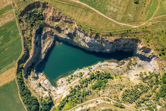 Aerial view of Lacul de Smarald, Racos, Brasov county, Romania.