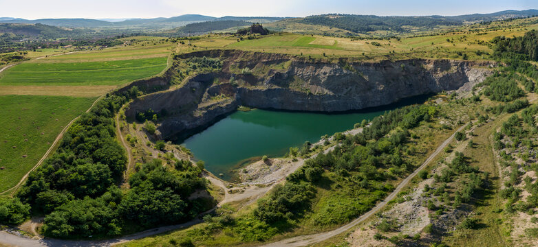 Panoramic aerial view of Lacul de Smarald, Racos, Brasov county, Romania.