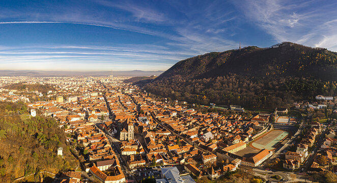 Panoramic aerial view of Centrul Vechi Schei, the old town of Brasov, Romania.