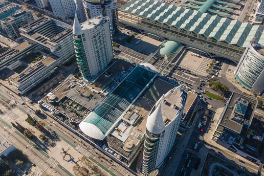 Aerial view of modern buildings in Oriente district, Lisbon, Portugal.