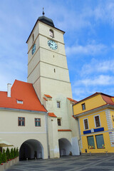 Obraz premium The Council Tower in the old city center of Sibiu, Transylvania, Romania, Europe 