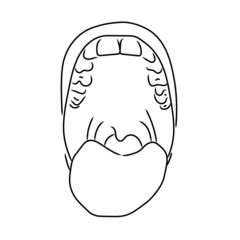 Vector illustration of open mouth with teeth and tongue. Linear art of sore throat with lip. Graphic anatomy sketch of disease or dentist ache for medicine, healthcare, dentistry and human treatment 
