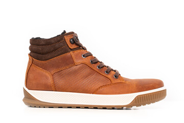a brown leather winter boot with lacing on a white background