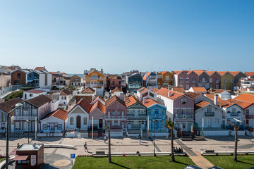 Aveiro, Portugal - 27 Sept 2020: Aerial view of Costa Nova, a district with colourful houses near Aveiro, Portugal.