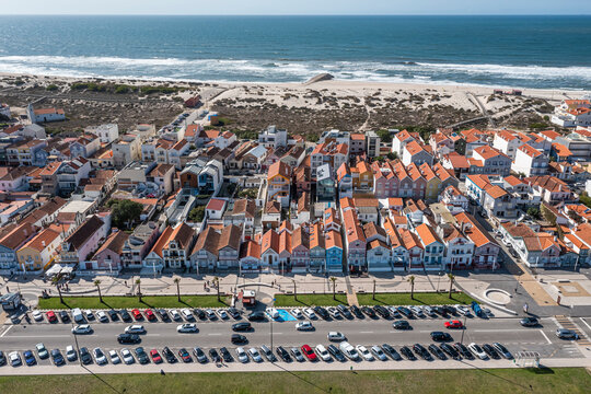 Aerial view of Costa Nova, a district with colourful houses near Aveiro, Portugal.