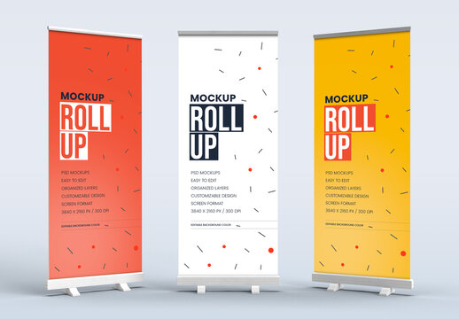 Triple Roll-Up Banner Mockup &ndash; Realistic Indoor Advertising Display for Trade Shows, Events, and Promotions