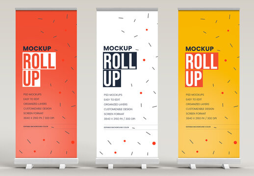 Triple Roll-Up Banner Mockup Set &ndash; Colorful and Customizable Promotional Display for Events, Trade Shows, and Branding Presentations