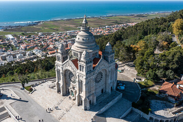 Aerial view of cathedral in Viana do Castelo with Atlantic ocean in the background, Portugal.
