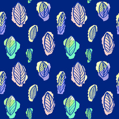 naadloos patroon van bladeren op een blauwe achtergrond. Abstracte botanische patroon. Ontwerp voor textiel, papier, verpakking, web. Handgetekende illustratie