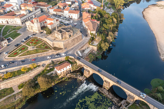 Aerial view of an old castle and bridge in Barcelos, Portugal.