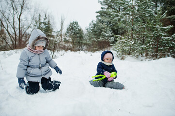 Fototapeta na wymiar Two sister baby girls in winter nature. Outdoors in snow.