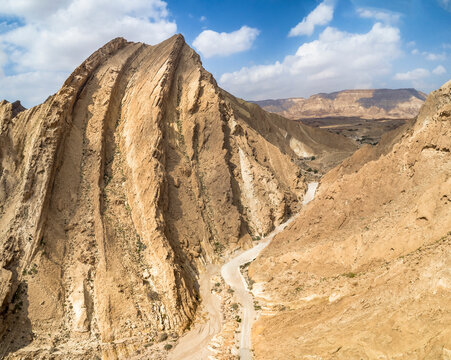 Aerial view of HaMakhtesh HaKatan, a geological erosional landform crater, Negev, Israel.