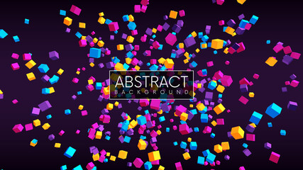 Obraz premium Abstract geometric background with flying 3d cubes. Futuristic explosion with colorful cubes. Vector illustration
