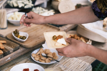 decoration flowers and food on wedding tables