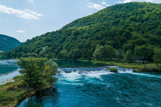 Aerial view of waterfalls in Una river in Lahore region, Bosnia and Herzegovina.