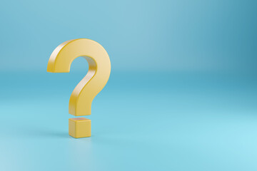 Three-dimensional yellow question mark isolated on blue background. 3d illustration.