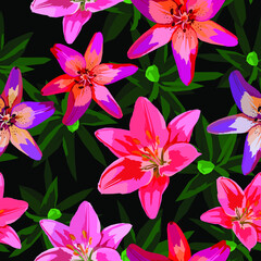 Pink and purple lily flowers vector seamless pattern