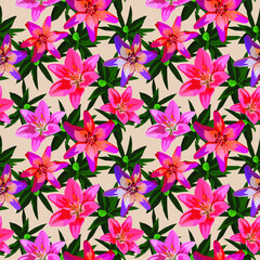 Pink and purple lily flowers vector seamless pattern