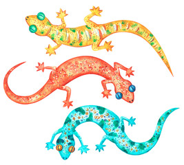 Set of watercolor decorative colorful geckos hand drawn isolated on white.