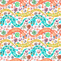 Colorful seamless pattern with bright geckos and succulents watercolor drawing.