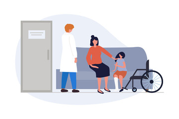 Person with disabilities in society concept. Mother sitting with her daughter in hospital and waiting for doctor. Girl with cast on broken leg. Child in wheelchair. Cartoon flat vector illustration