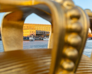 View through the frame, a part of swedish royal crown, which is an ornament on the bridge
