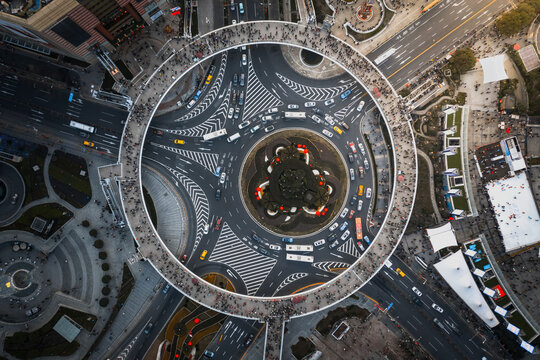 Aerial View of Lujiazui intersection in Shanghai, China.
