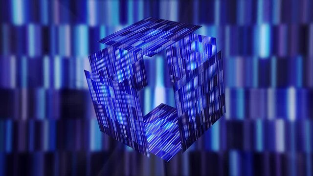 An extravagant cube artifact, mysterious Pandora's box. Motion. 3D opening glowing digital box on striped shimmering background.