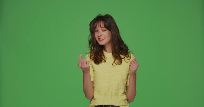 Smiling young girl showing money gesture, beg payment, financial help, ask donation on chromakey green background
