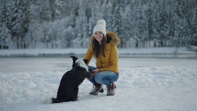 Full shot - Portrait of a dog and a woman that are playing, cuddling and having fun in snow