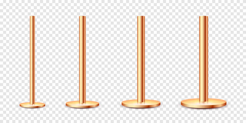 Realistic metal poles collection isolated on transparent background. Glossy bronze pipes of various diameters. Billboard or advertising banner mount, holder. Vector illustration.
