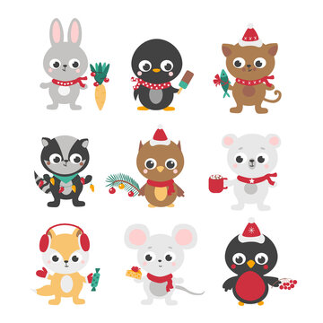 Christmas cute characters. Funny woodland animals - bear, owl, rabbit, bullfinch, fox, raccoon, penguin and kitten. Merry Christmas. Vector illustration Set. banner