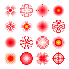 Pain localization marks. Painful area, aching spot. Red circles, targets. Headache, bruised body part marker. Back, neck, muscle pain symbol. Healthcare ad, medical information. Vector illustration.